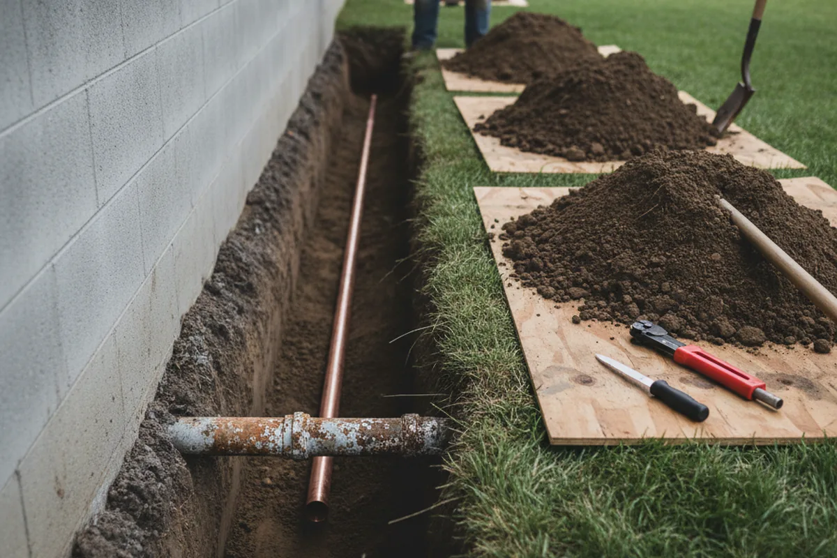 Excavated water line trench during Sewer Line Repair in East Berlin